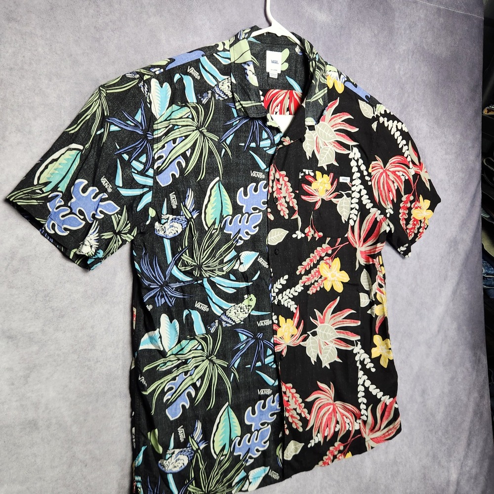 Vans Mens XXL Black Floral Tropical Split Print Short Sleeve Button Up Shirt - Picture 2 of 14